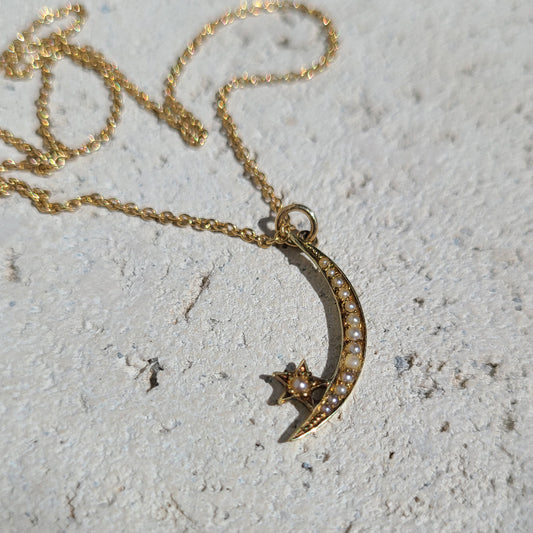 14k Antique Crescent Moon & Star Charm
