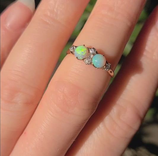 14k Antique Opal & Old Mine Cut Diamond Ring