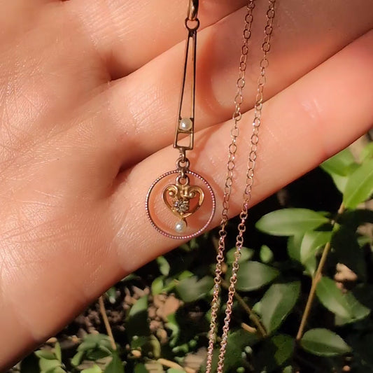 10k Antique Diamond & Seed Pearl Necklace